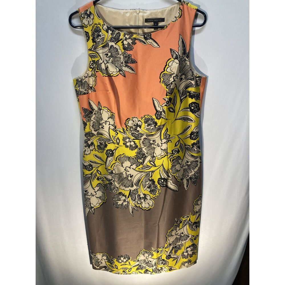David Meister Floral Sheath Dress Peach Yellow Taupe Sleeveless Size 10